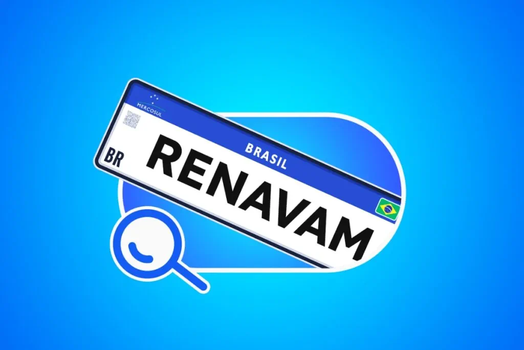 Placa brasileira RENAVAM com lupa sobre fundo azul